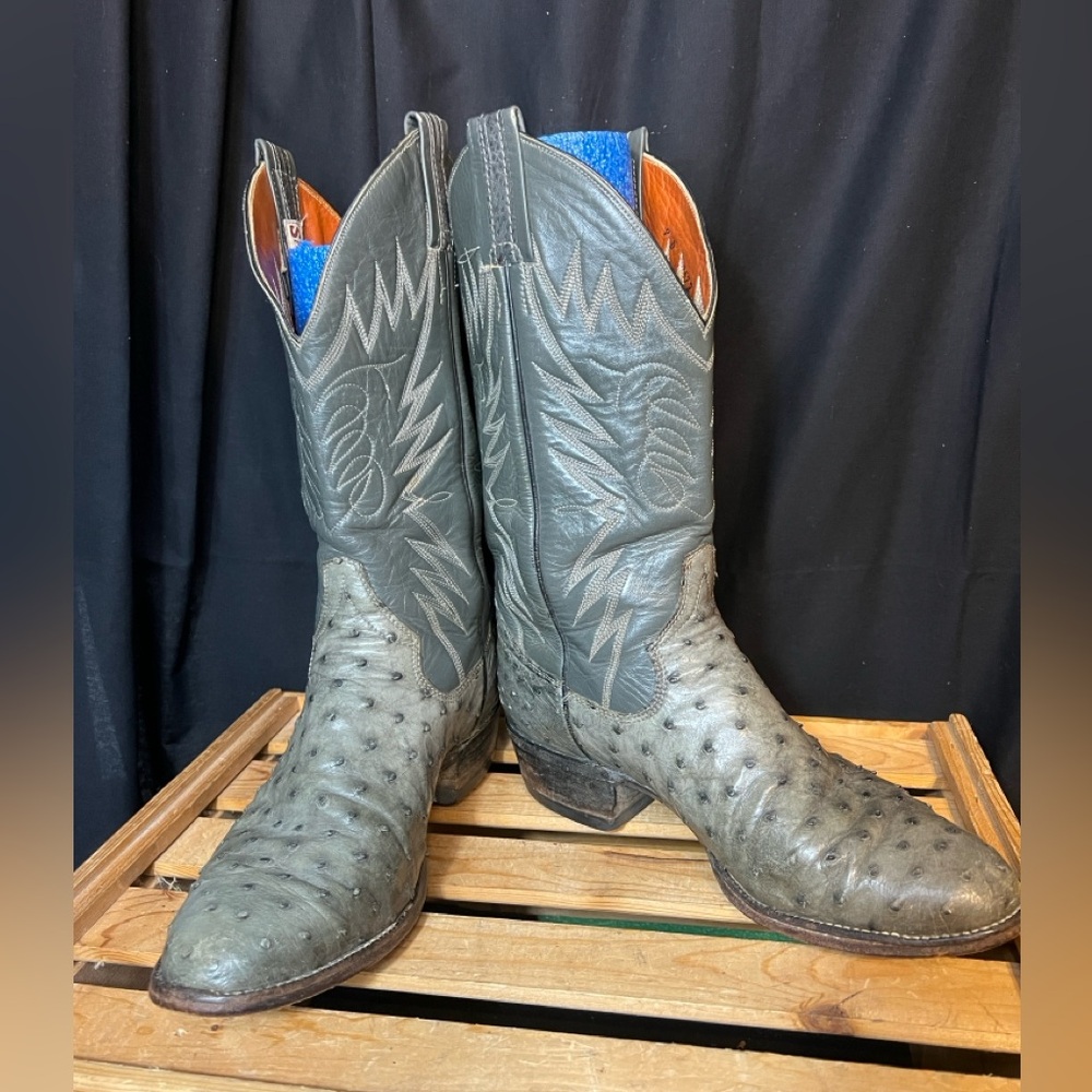 Sanders Vintage Gray/Green Full Quill Ostrich Western Men's Boots. Size 9D